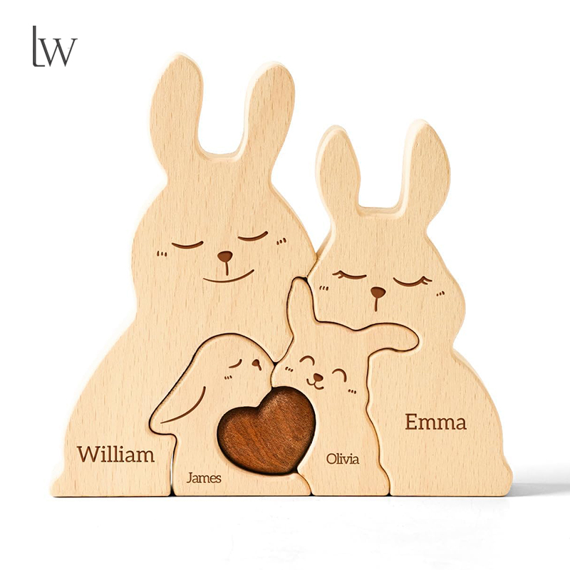 Kids Toys Names - Houten konijnenfamilie puzzels gepersonaliseerd met 2-5
